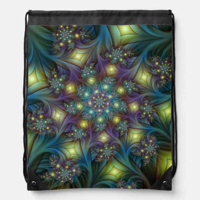 Illuminated Abstract Shiny Teal Purple Fractal Art Drawstring Bag (Front)