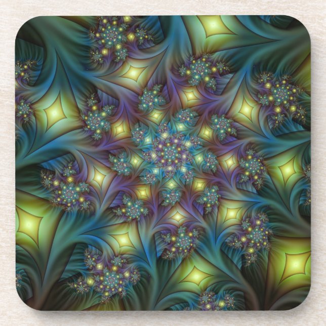 Illuminated Abstract Shiny Teal Purple Fractal Art Drink Coaster (Front)