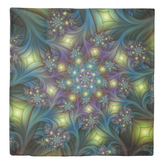 Illuminated Abstract Shiny Teal Purple Fractal Art Duvet Cover (Front)