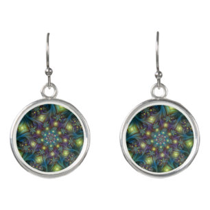 Illuminated Abstract Shiny Teal Purple Fractal Art Earrings