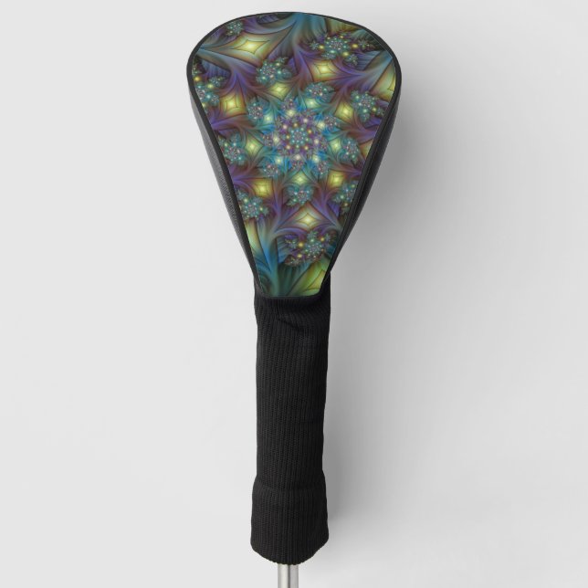 Illuminated Abstract Shiny Teal Purple Fractal Art Golf Head Cover (Front)