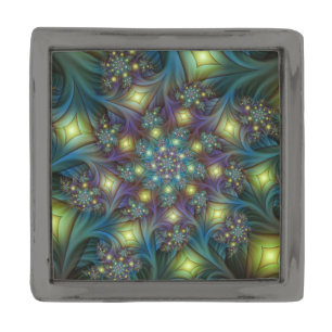 Illuminated Abstract Shiny Teal Purple Fractal Art Gunmetal Finish Lapel Pin