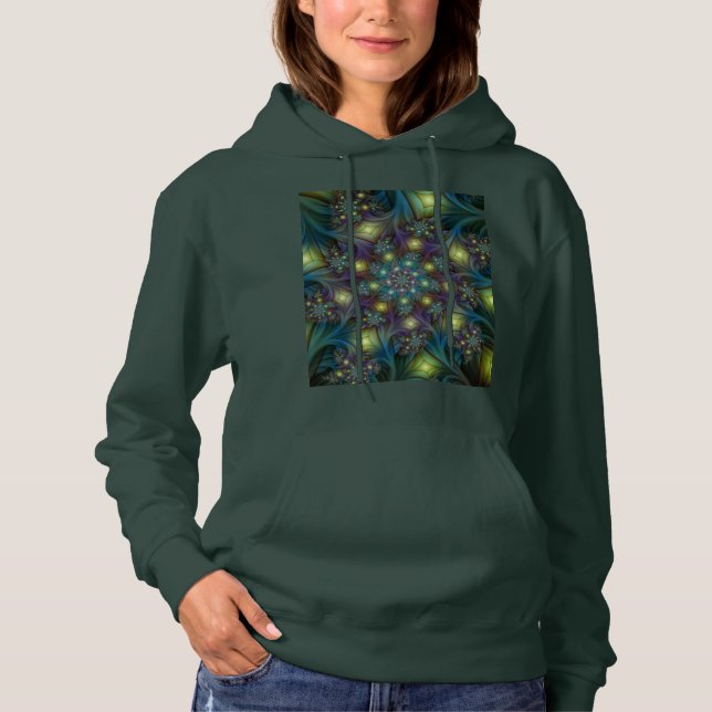 Illuminated Abstract Shiny Teal Purple Fractal Art Hoodie (Front)