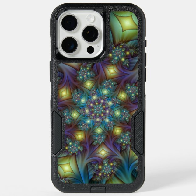 Illuminated Abstract Shiny Teal Purple Fractal Art iPhone 15 Pro Max Case (Back)