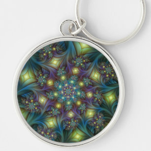 Illuminated Abstract Shiny Teal Purple Fractal Art Keychain