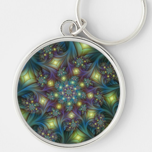 Illuminated Abstract Shiny Teal Purple Fractal Art Keychain (Front)