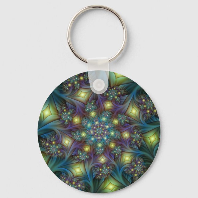 Illuminated Abstract Shiny Teal Purple Fractal Art Keychain (Front)