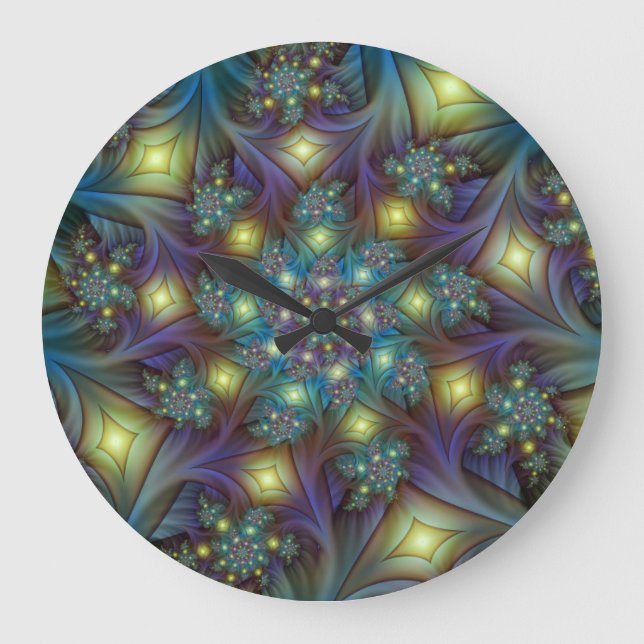 Illuminated Abstract Shiny Teal Purple Fractal Art Large Clock (Front)