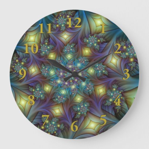 Illuminated Abstract Shiny Teal Purple Fractal Art Large Clock