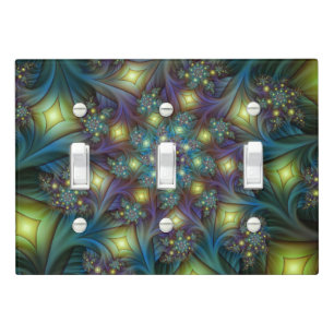 Illuminated Abstract Shiny Teal Purple Fractal Art Light Switch Cover