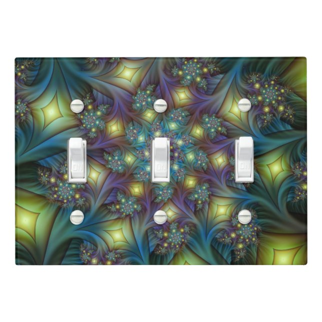 Illuminated Abstract Shiny Teal Purple Fractal Art Light Switch Cover (In Situ)