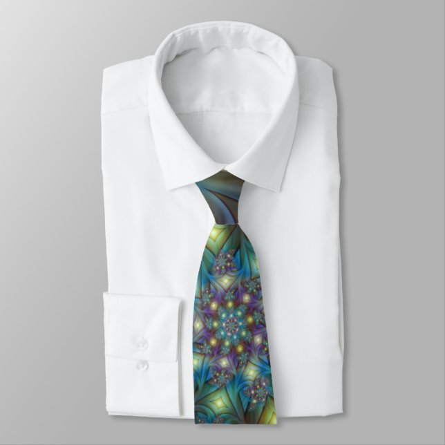 Illuminated Abstract Shiny Teal Purple Fractal Art Neck Tie (Tied)