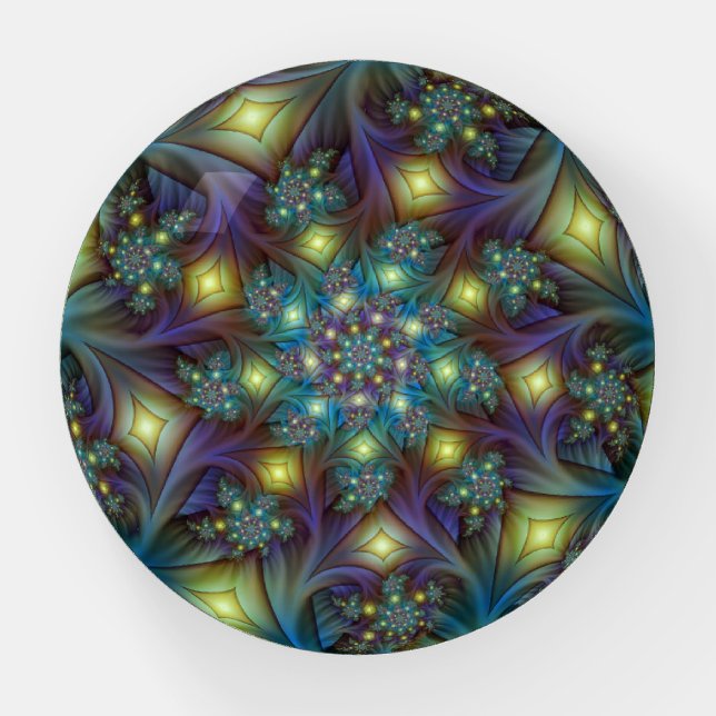 Illuminated Abstract Shiny Teal Purple Fractal Art Paperweight (Front)