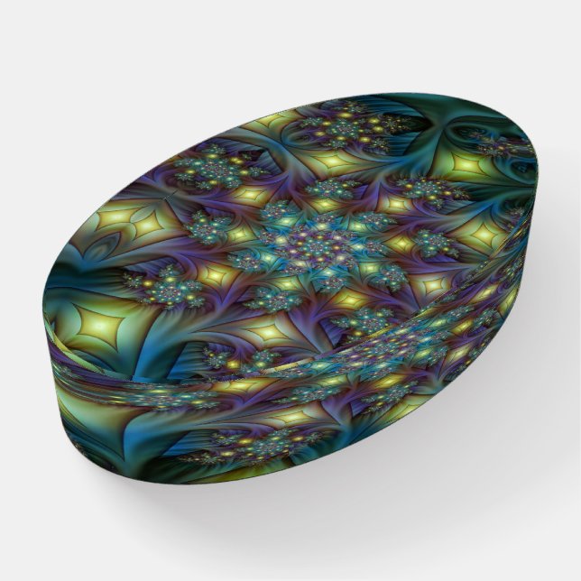 Illuminated Abstract Shiny Teal Purple Fractal Art Paperweight (Angled)