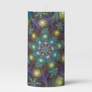 Illuminated Abstract Shiny Teal Purple Fractal Art Pillar Candle