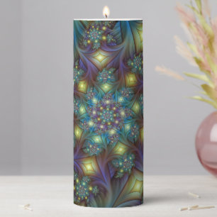 Illuminated Abstract Shiny Teal Purple Fractal Art Pillar Candle