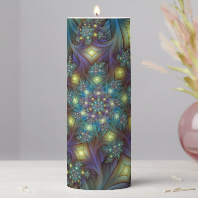 Illuminated Abstract Shiny Teal Purple Fractal Art Pillar Candle (In Situ)