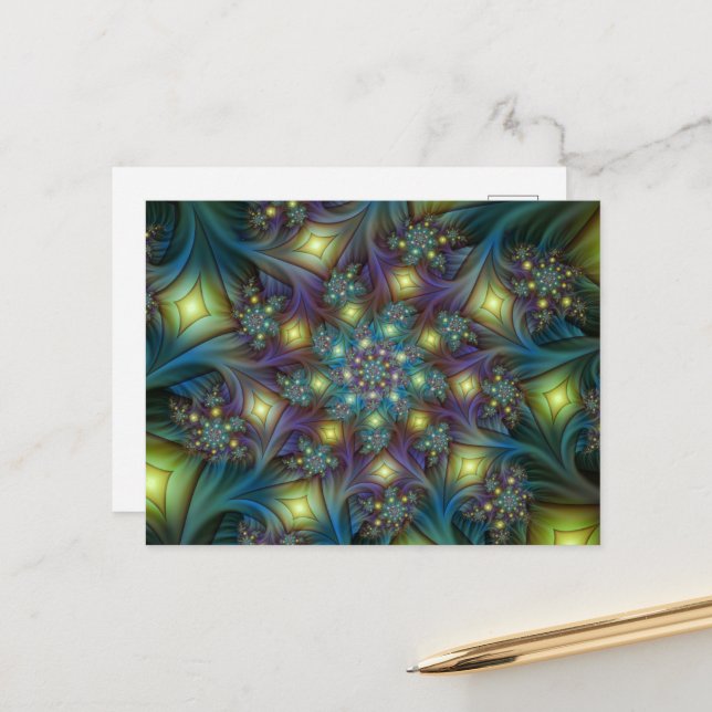 Illuminated Abstract Shiny Teal Purple Fractal Art Postcard (Front/Back In Situ)