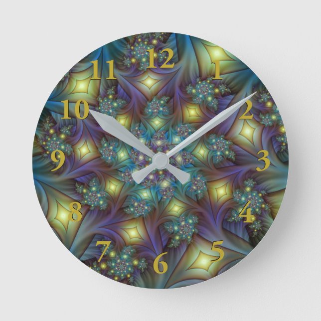 Illuminated Abstract Shiny Teal Purple Fractal Art Round Clock (Front)