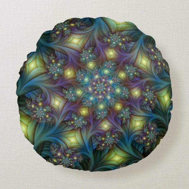 Illuminated Abstract Shiny Teal Purple Fractal Art Round Pillow (Front)