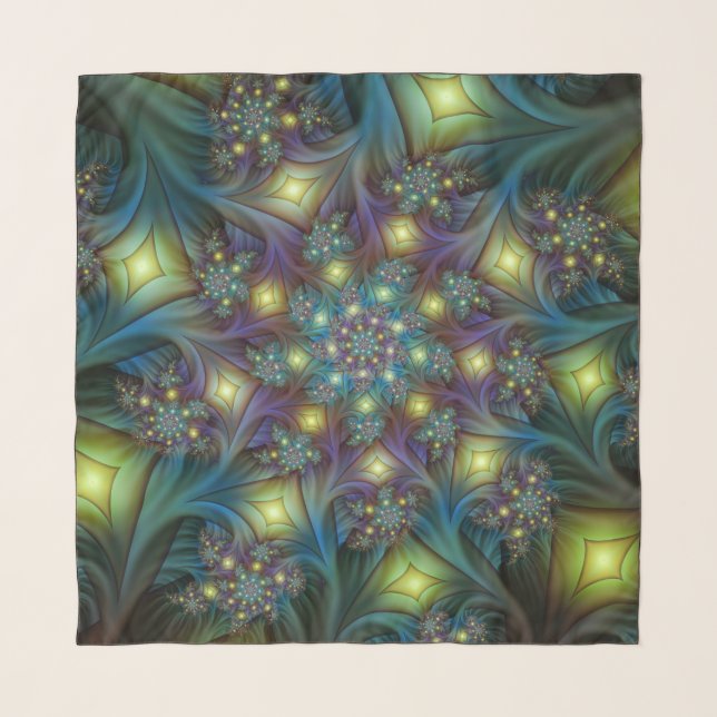 Illuminated Abstract Shiny Teal Purple Fractal Art Scarf (Front)