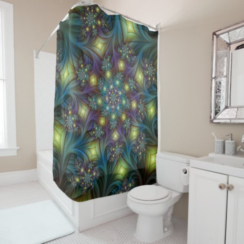 Illuminated Abstract Shiny Teal Purple Fractal Art Shower Curtain