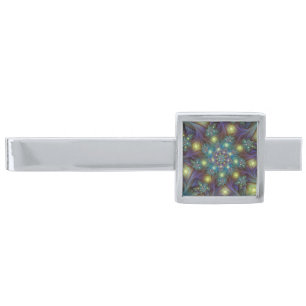 Illuminated Abstract Shiny Teal Purple Fractal Art Silver Finish Tie Clip