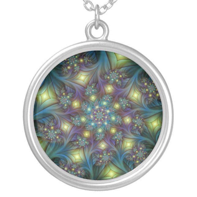 Illuminated Abstract Shiny Teal Purple Fractal Art Silver Plated Necklace (Front)