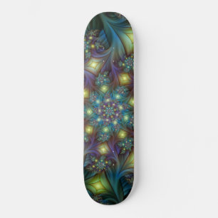 Illuminated Abstract Shiny Teal Purple Fractal Art Skateboard Deck