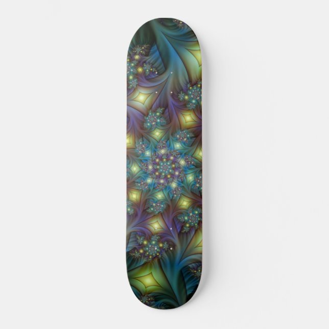 Illuminated Abstract Shiny Teal Purple Fractal Art Skateboard Deck (Front)