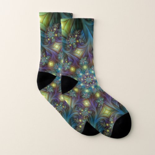 Illuminated Abstract Shiny Teal Purple Fractal Art Socks