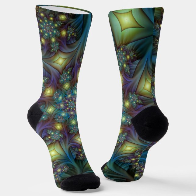 Illuminated Abstract Shiny Teal Purple Fractal Art Socks (Angled)