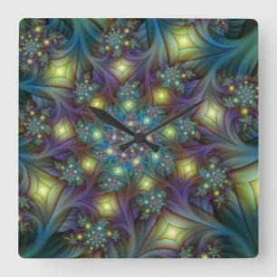 Illuminated Abstract Shiny Teal Purple Fractal Art Square Wall Clock