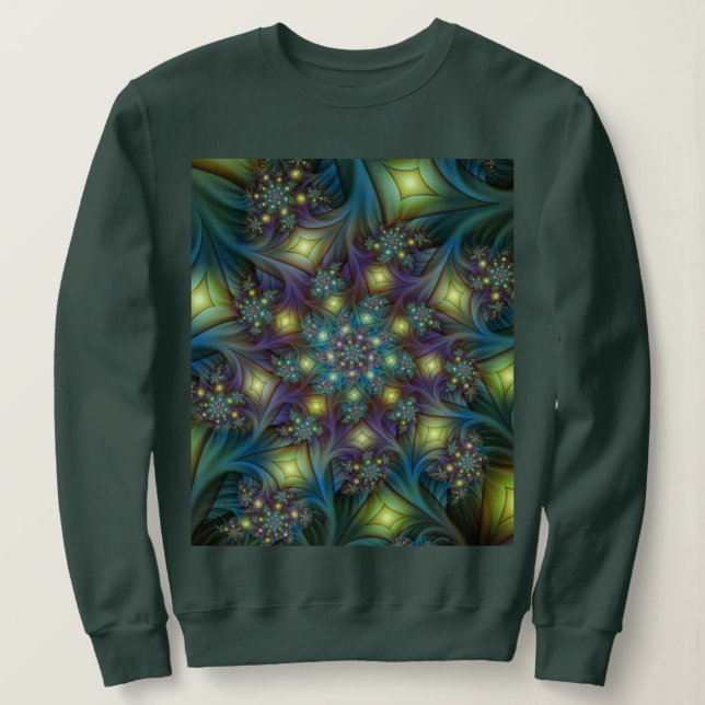 Illuminated Abstract Shiny Teal Purple Fractal Art Sweatshirt (Design Front)