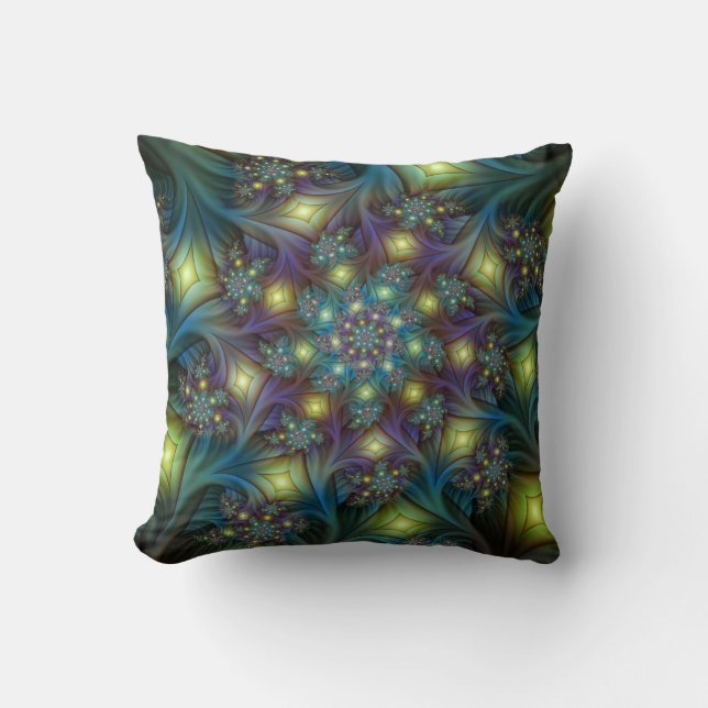 Illuminated Abstract Shiny Teal Purple Fractal Art Throw Pillow (Front)