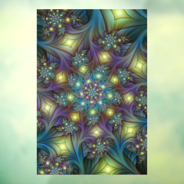 Illuminated Abstract Shiny Teal Purple Fractal Art Window Cling (Sheet 3)