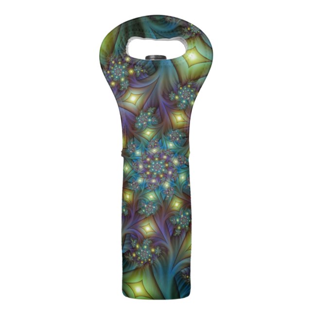 Illuminated Abstract Shiny Teal Purple Fractal Art Wine Bag (Front)