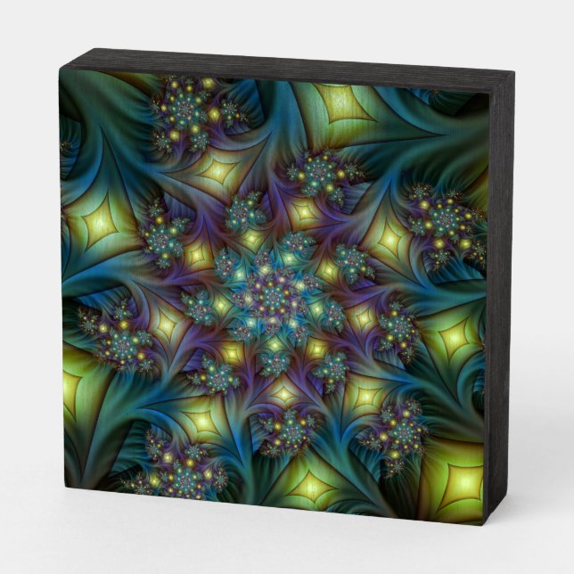 Illuminated Abstract Shiny Teal Purple Fractal Art Wooden Box Sign (Angled Horizontal)