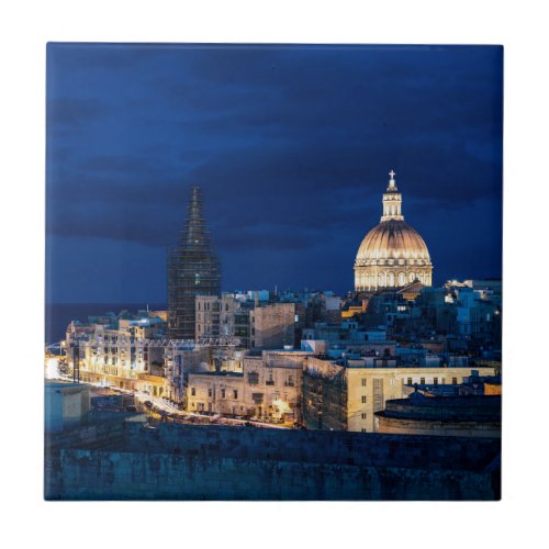 Illuminated at night Valletta old town and harbor Ceramic Tile