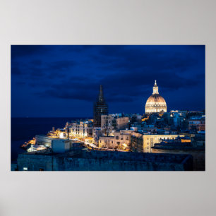 Illuminated at night Valletta old town and harbor Poster