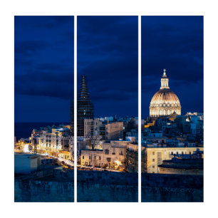 Illuminated at night Valletta old town and harbor Triptych
