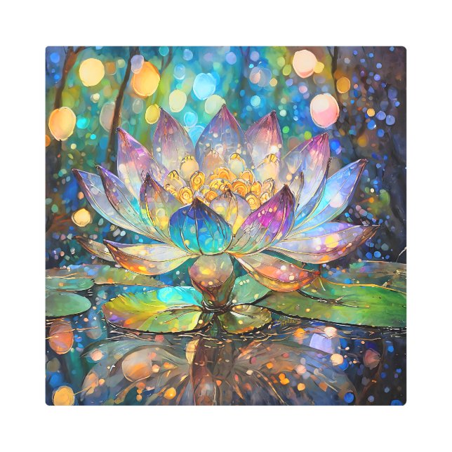 Illuminated Blooming Lotus Flower Metal Print (Front)