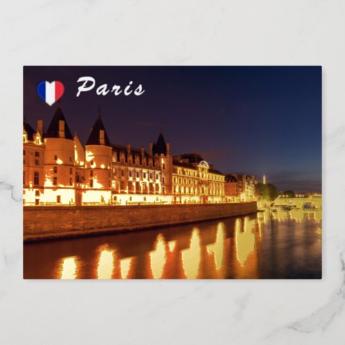 Illuminated Conciergerie at night _ Paris France Foil Holiday Card