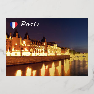 Illuminated Conciergerie at night - Paris, France Foil Holiday Card