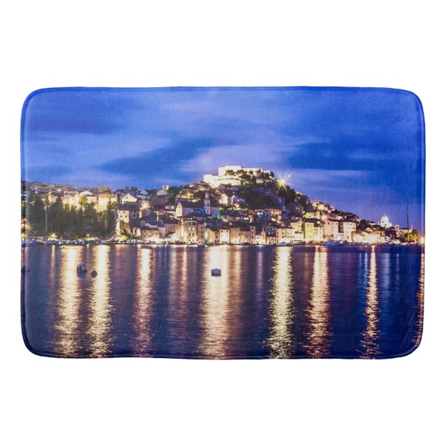 Illuminated harbor in Sibenik, Croatia Bath Mat (Front)