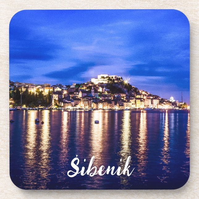 Illuminated harbor in Sibenik, Croatia Beverage Coaster (Front)