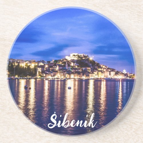 Illuminated harbor in Sibenik Croatia Coaster