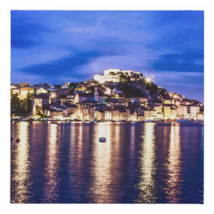 Illuminated harbor in Sibenik, Croatia Faux Canvas Print