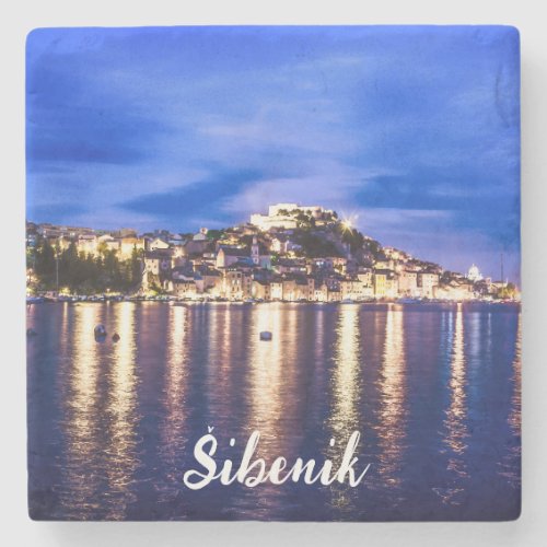 Illuminated harbor in Sibenik Croatia Stone Coaster