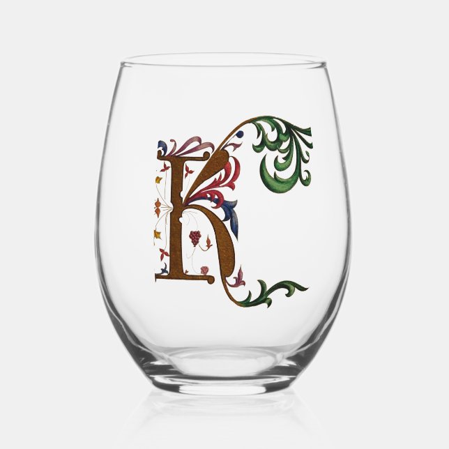 Illuminated Initial K Stemless Wine Glass (Front)